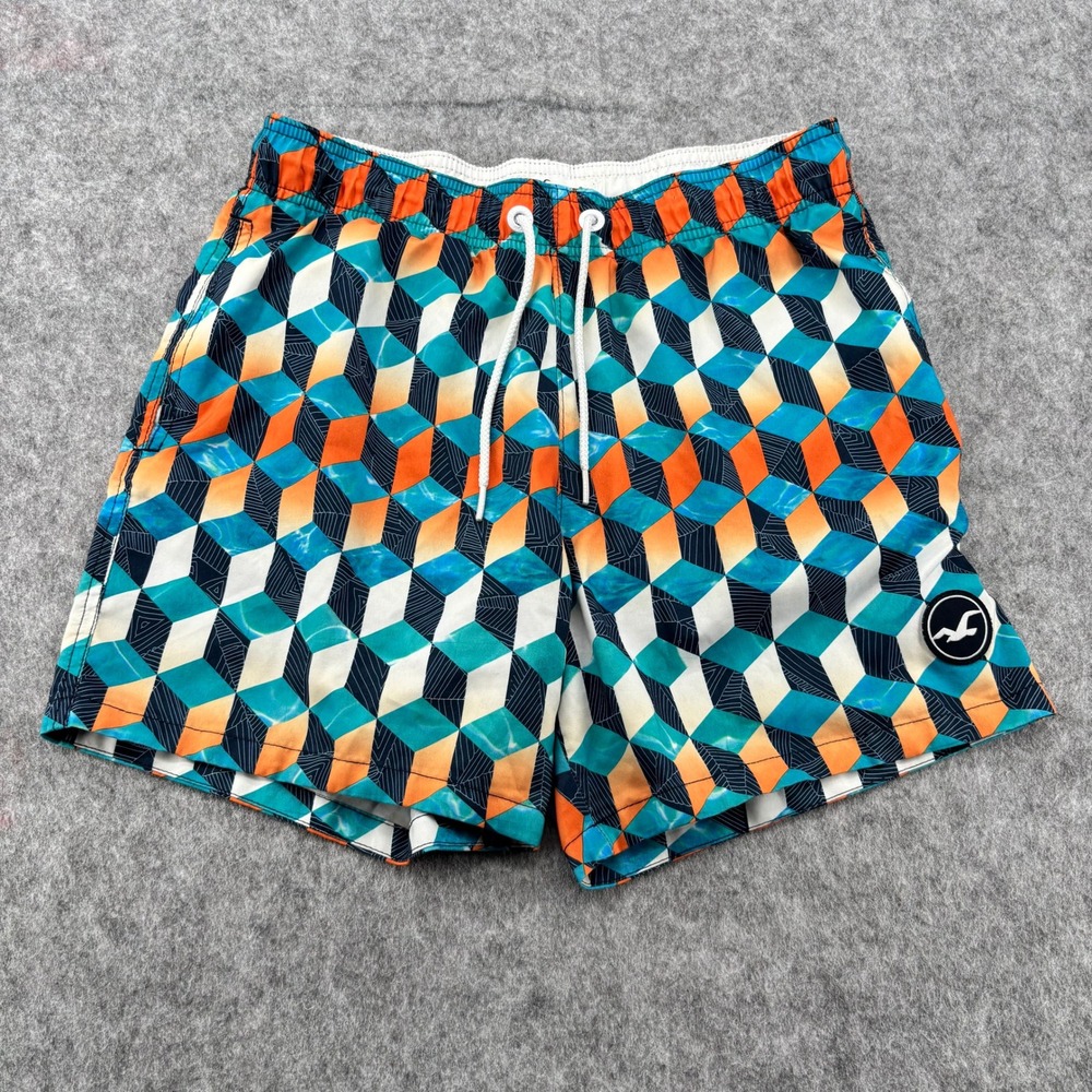Hollister Mens Swim TrunksMulticolor Geometric 3D Cube Pattern Mesh Lined Small